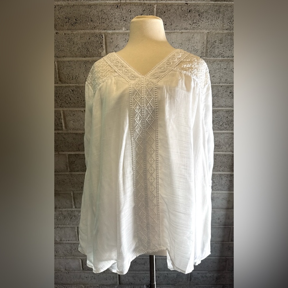 Style & Co White Lace Boho Blouse XL | Embroidered Long Sleeve Peasant Top